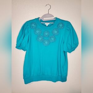 Crown & Ivy Turquoise Floral Puff Sleeve Top